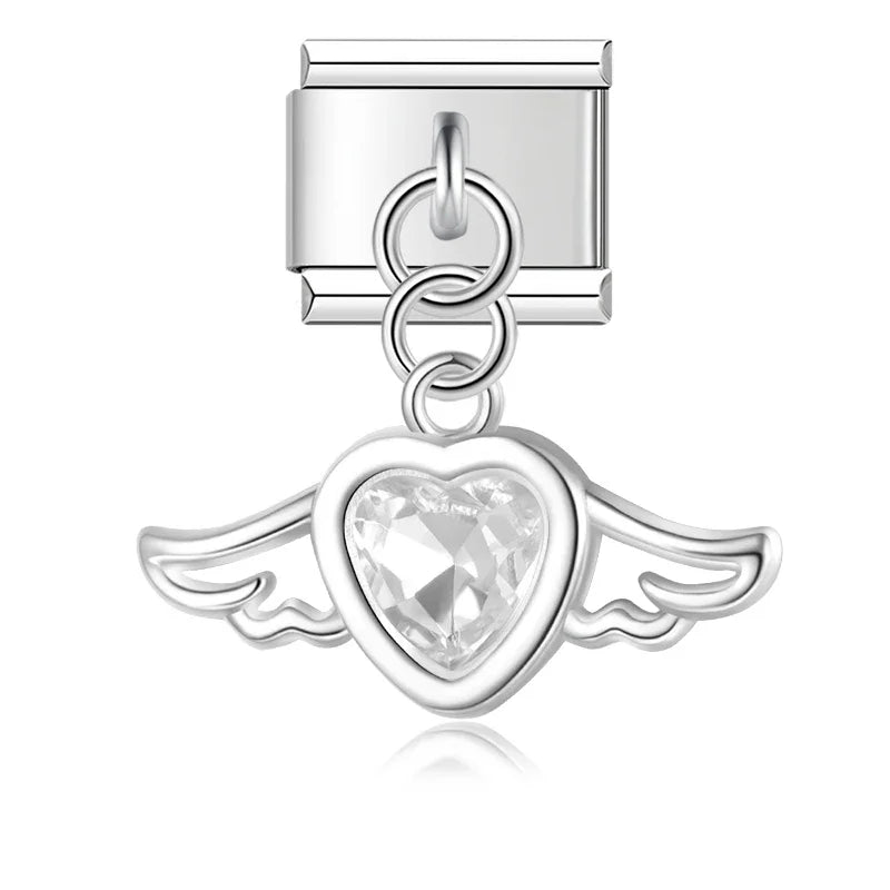 Charm Pendant Coração com Asas (branca e Preto) Prata