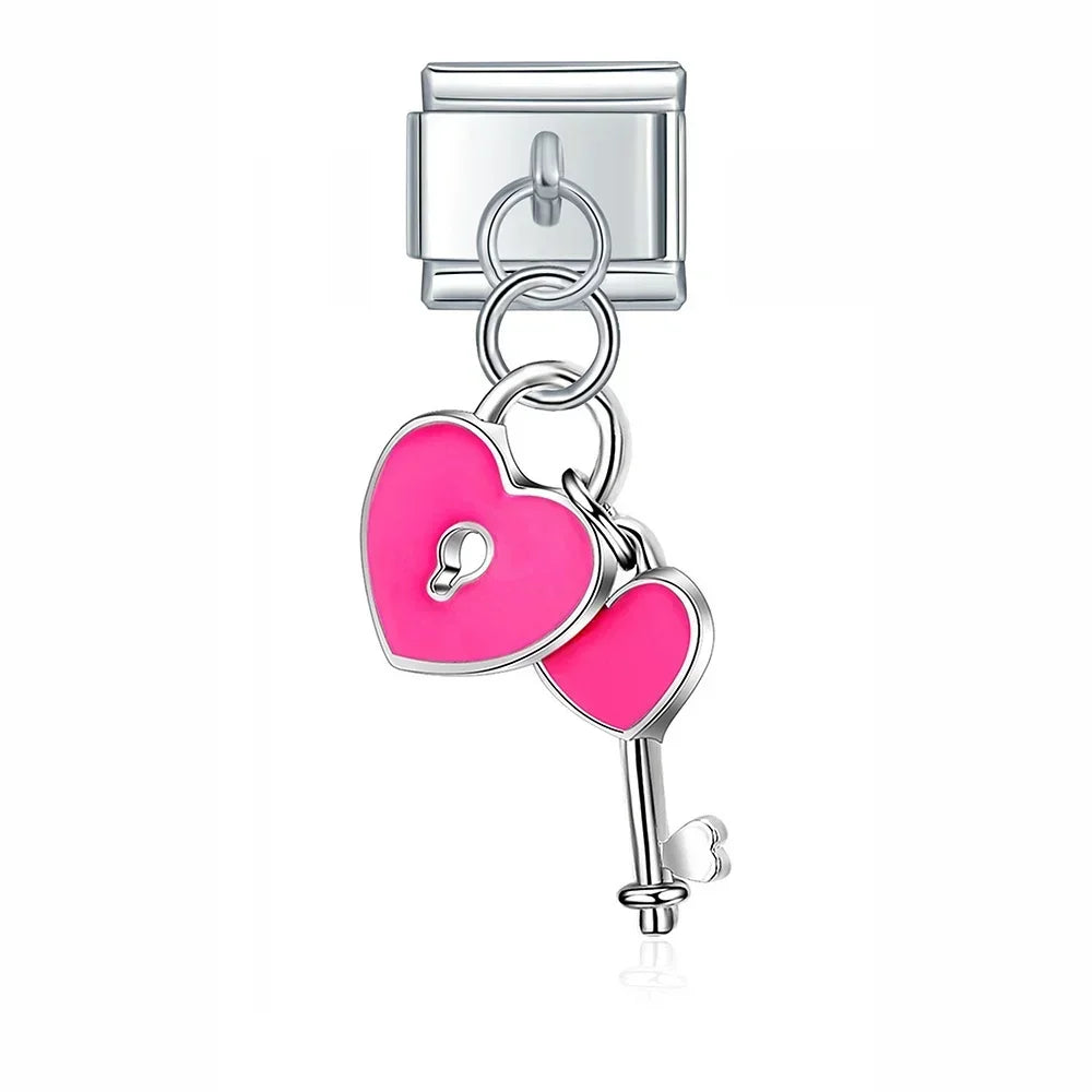 Charm Pendant Chave do Coração Rosa Prata