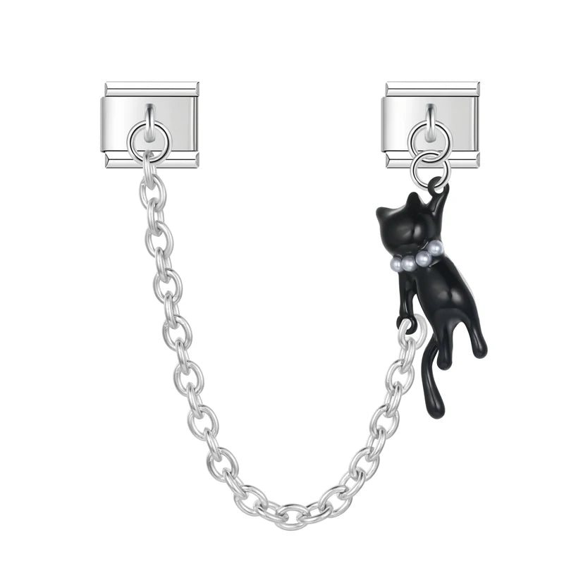 Charm Duplo Corrente Gato Preto Prata