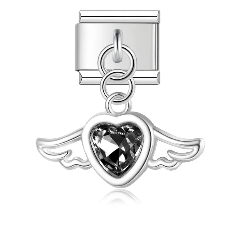 Charm Pendant Coração com Asas (branca e Preto) Prata